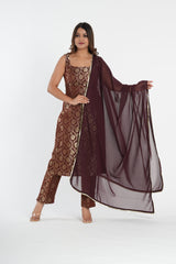 Chocolate Brown Brocade Straight Kurta Set