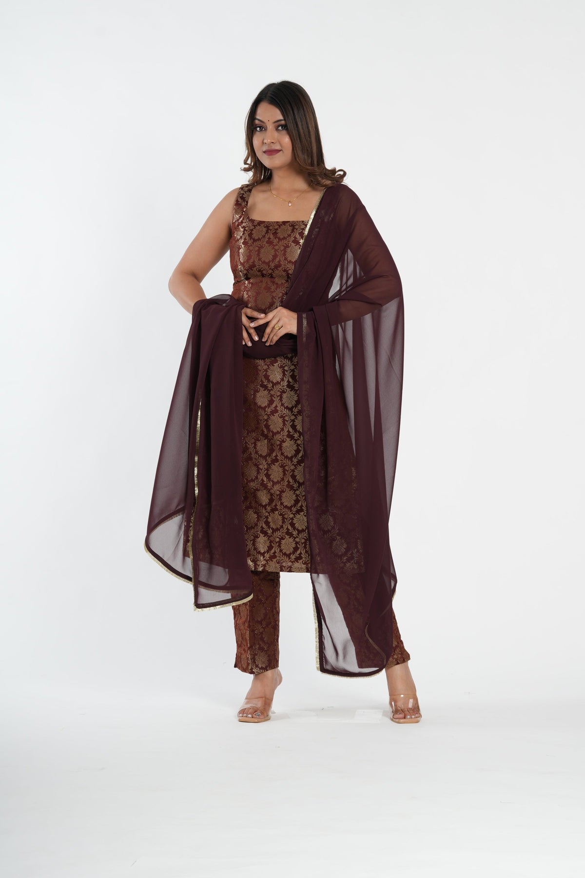 Chocolate Brown Brocade Straight Kurta Set