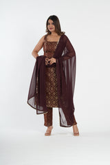 Chocolate Brown Brocade Straight Kurta Set