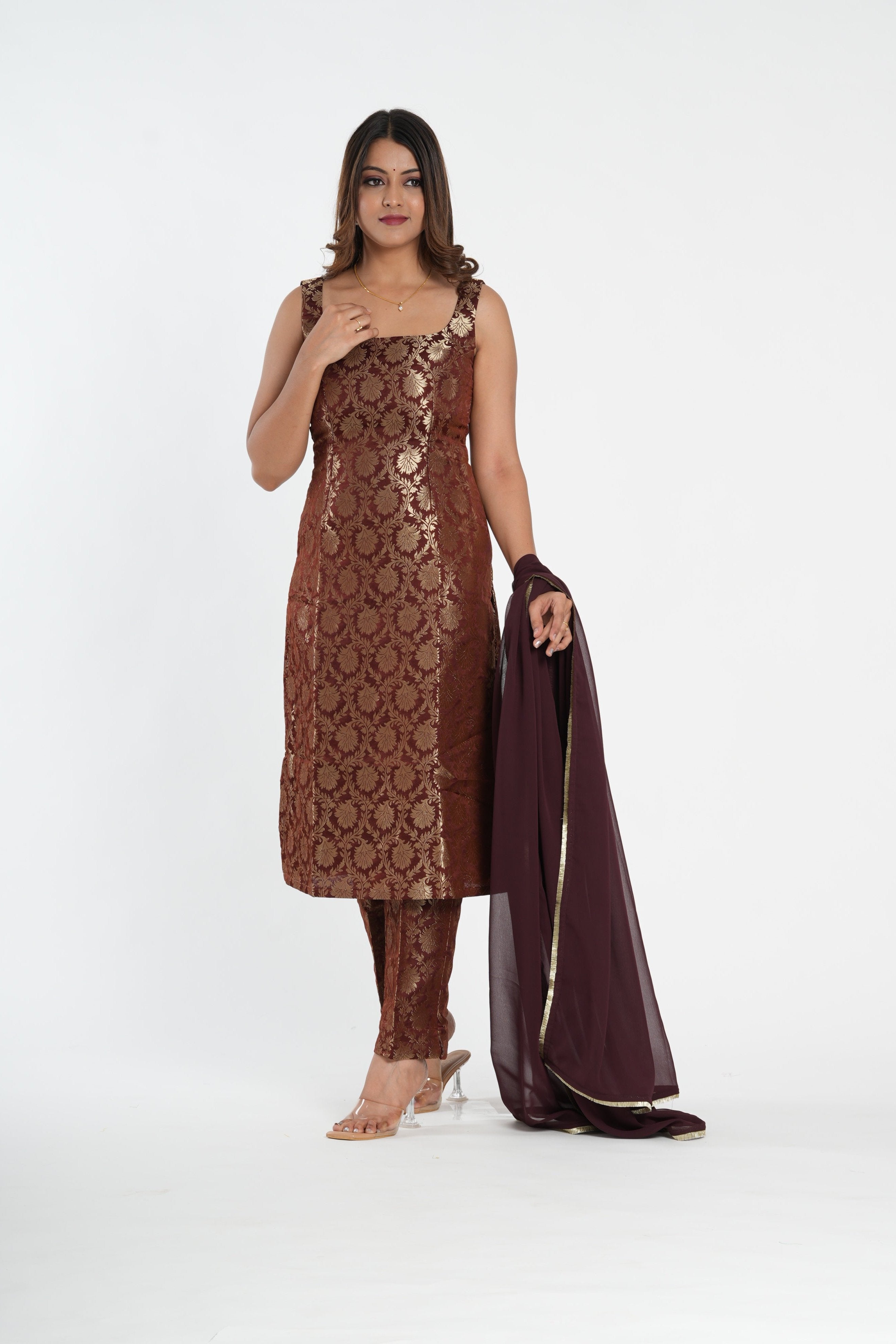 Chocolate Brown Brocade Straight Kurta Set