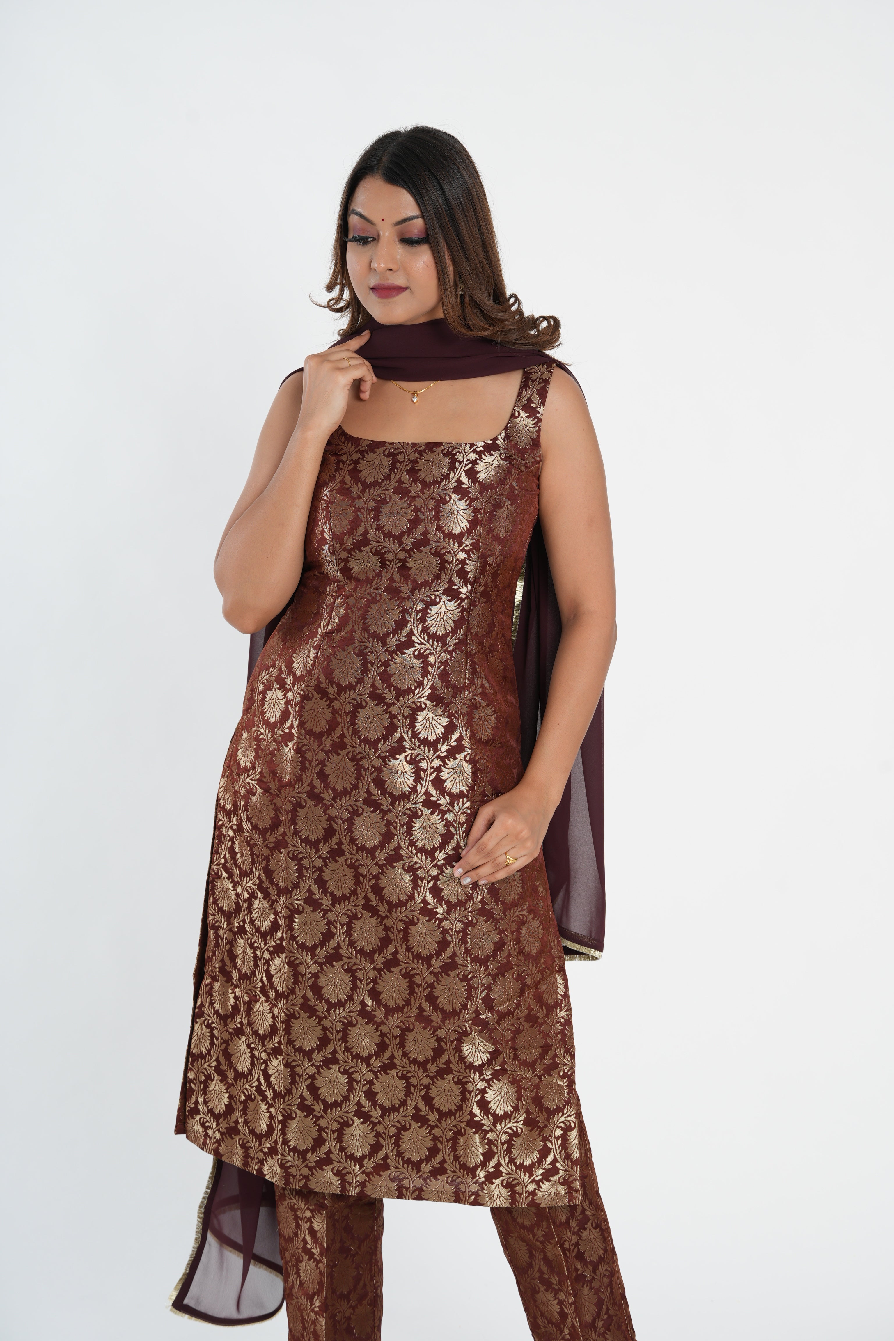 Chocolate Brown Brocade Straight Kurta Set