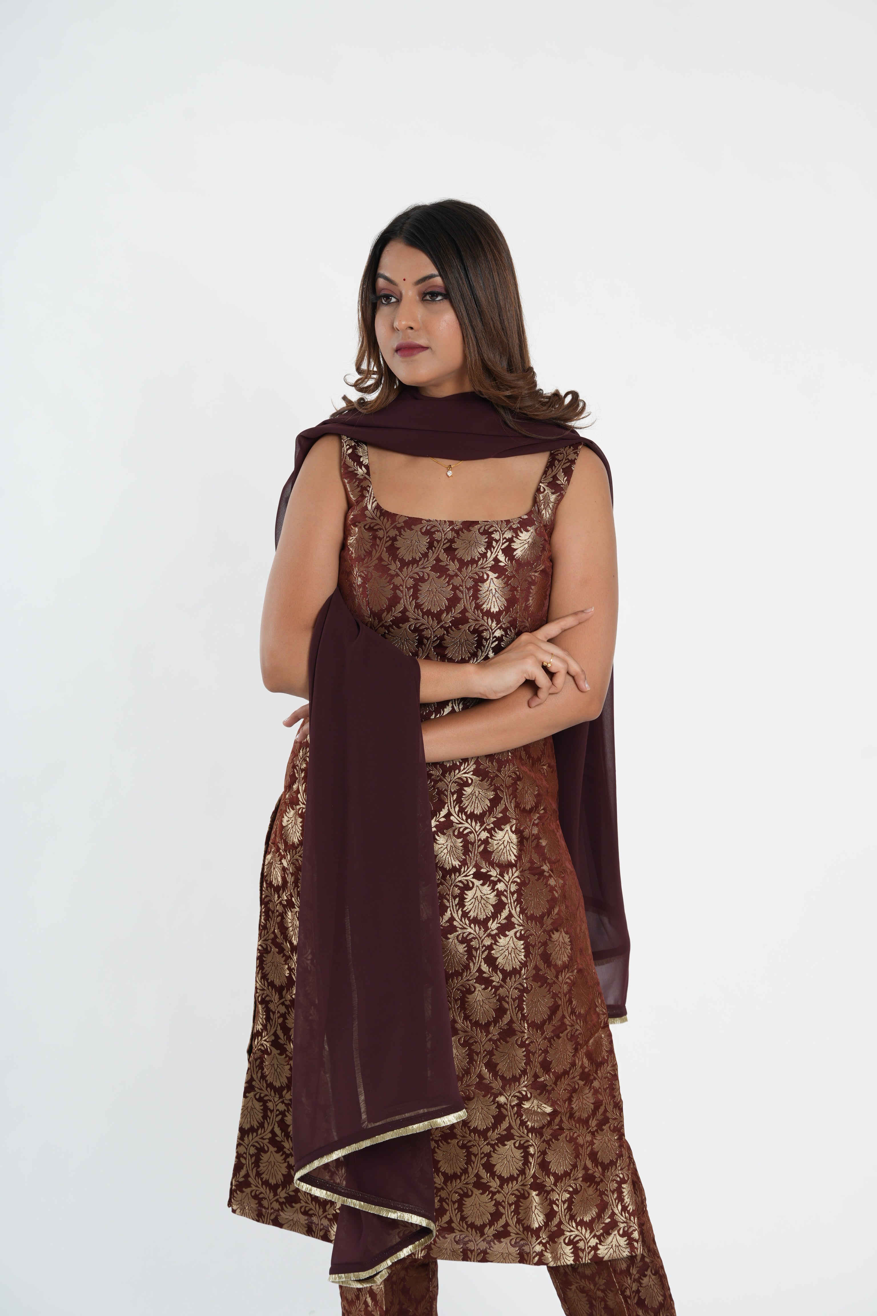 Chocolate Brown Brocade Straight Kurta Set