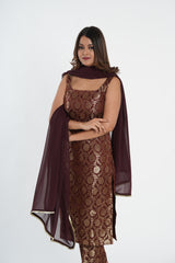 Chocolate Brown Brocade Straight Kurta Set