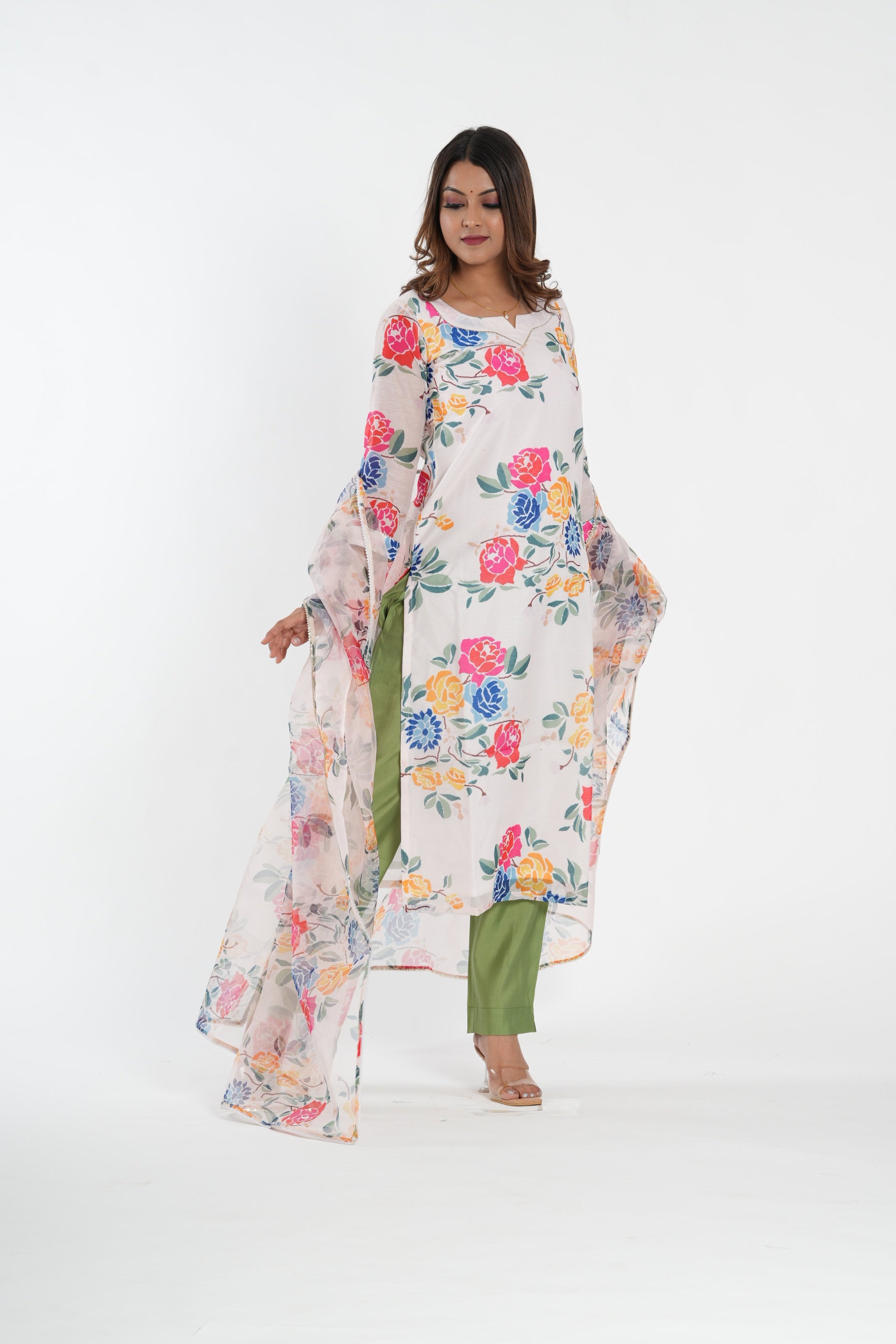 Floral Printed Chanderi Straight Kurta Set