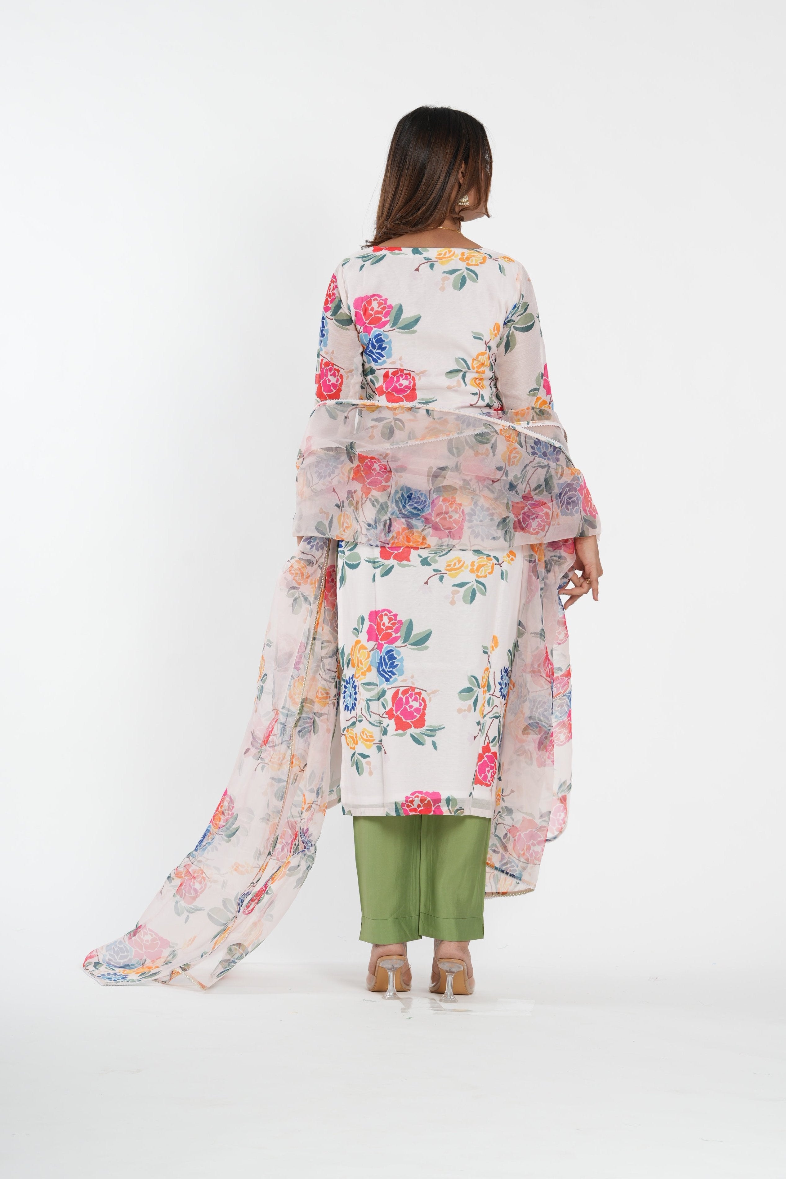 Floral Printed Chanderi Straight Kurta Set