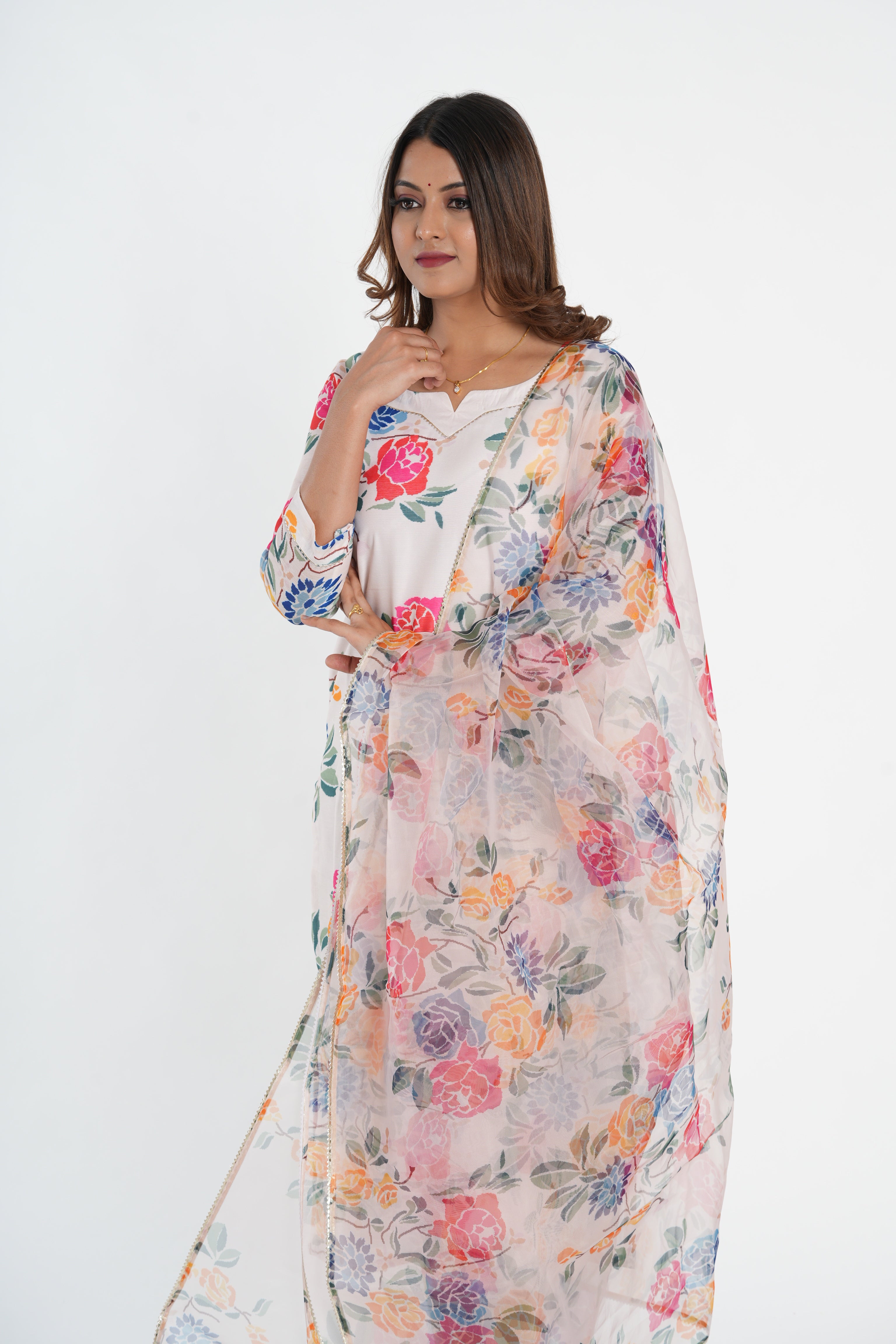 Floral Printed Chanderi Straight Kurta Set