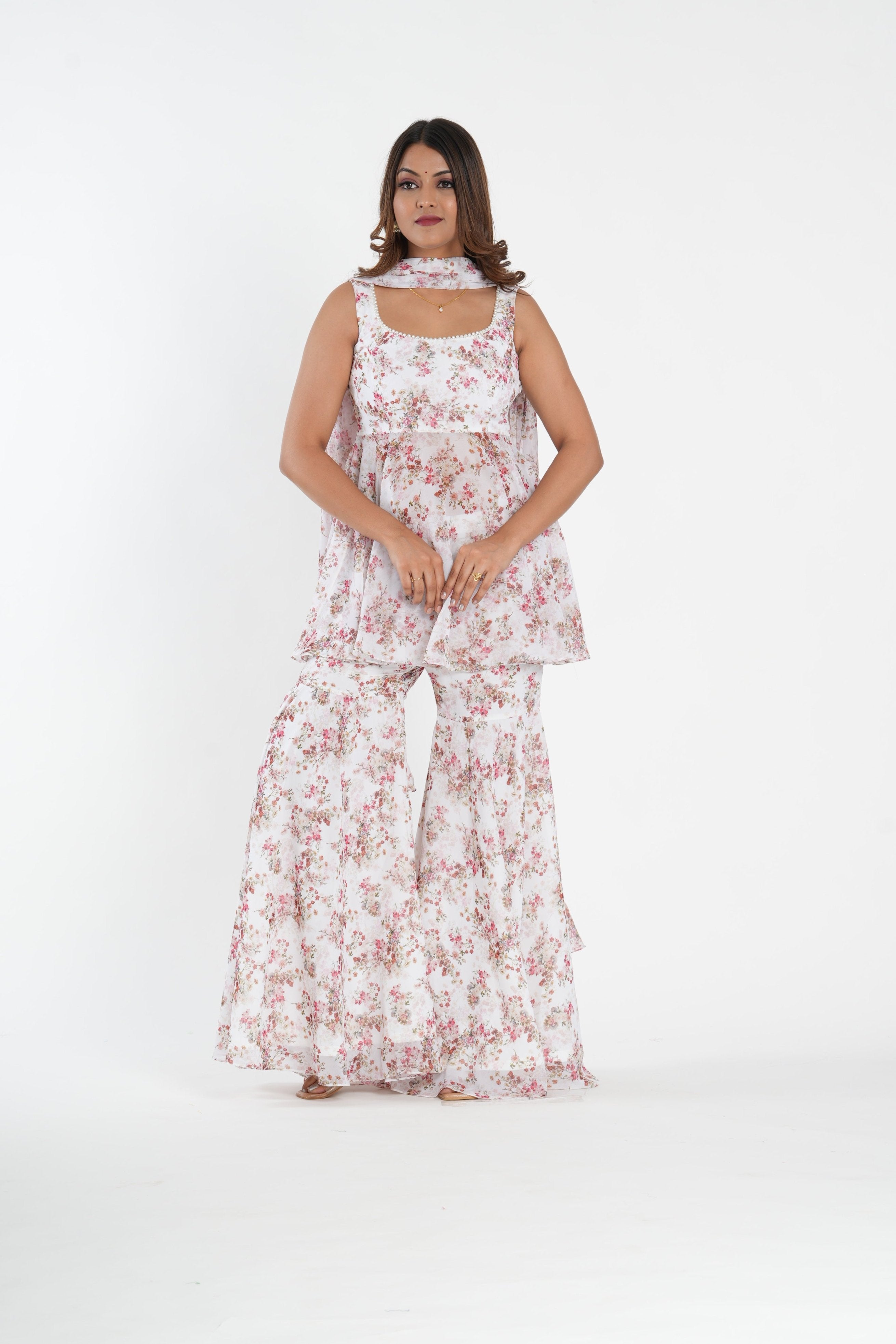 White Floral Printed Stylish Sharara Set