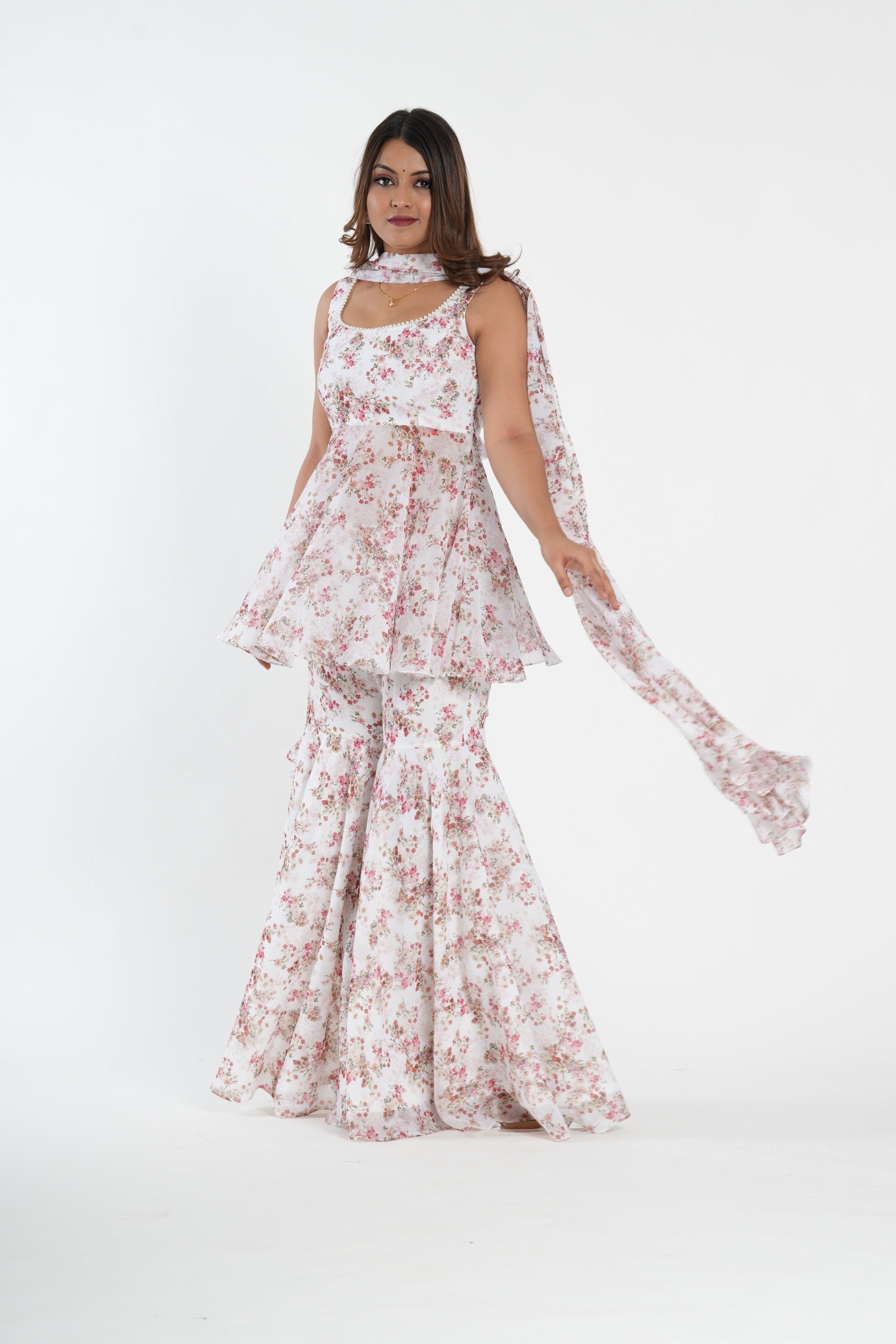 White Floral Printed Stylish Sharara Set