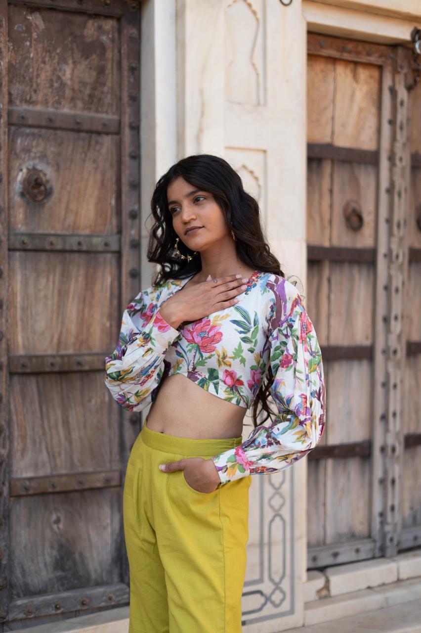 Floral Printed Cotton Crop Top With Pant