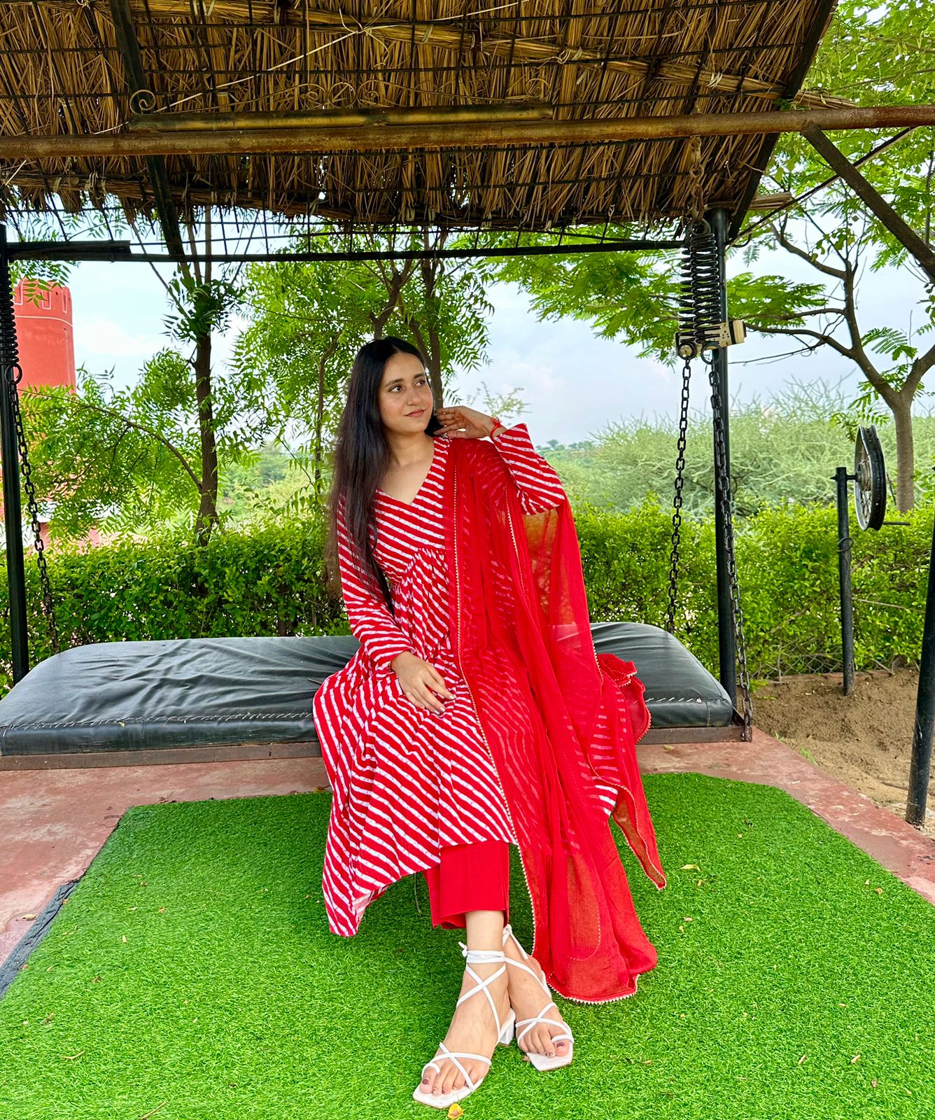 Stylish Cotton Leheriya Suit Set With Dupatta