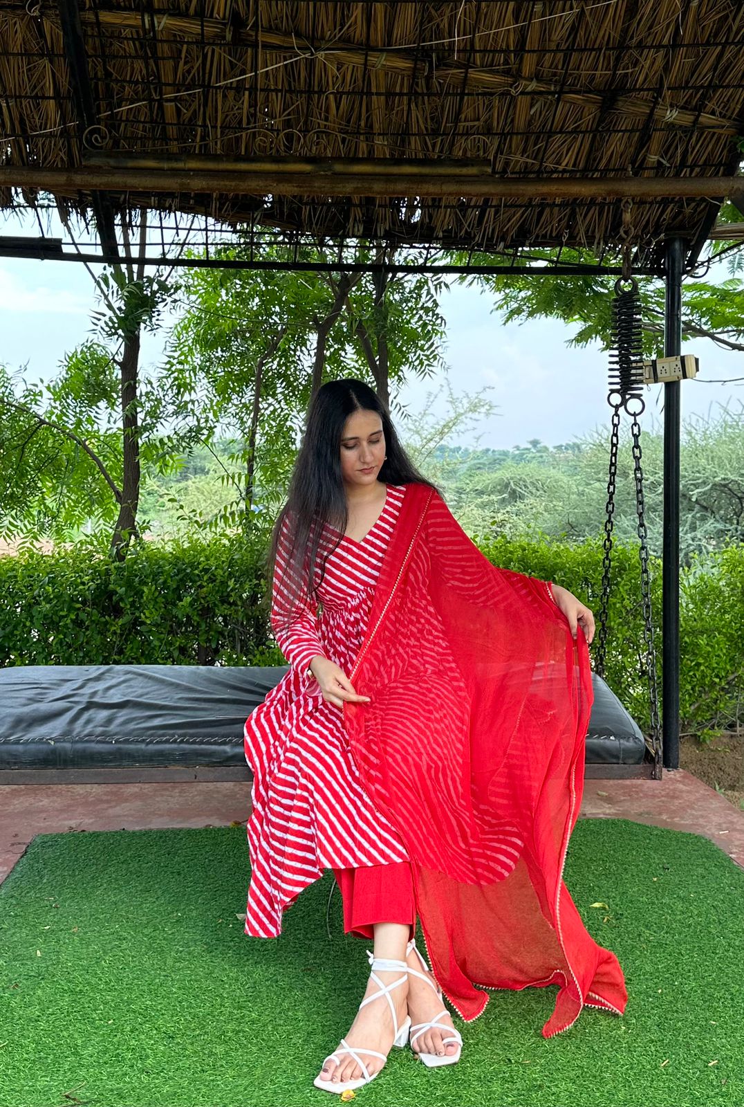 Stylish Cotton Leheriya Suit Set With Dupatta