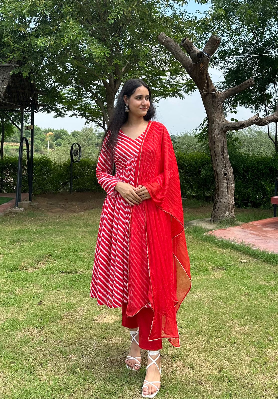 Stylish Cotton Leheriya Suit Set With Dupatta