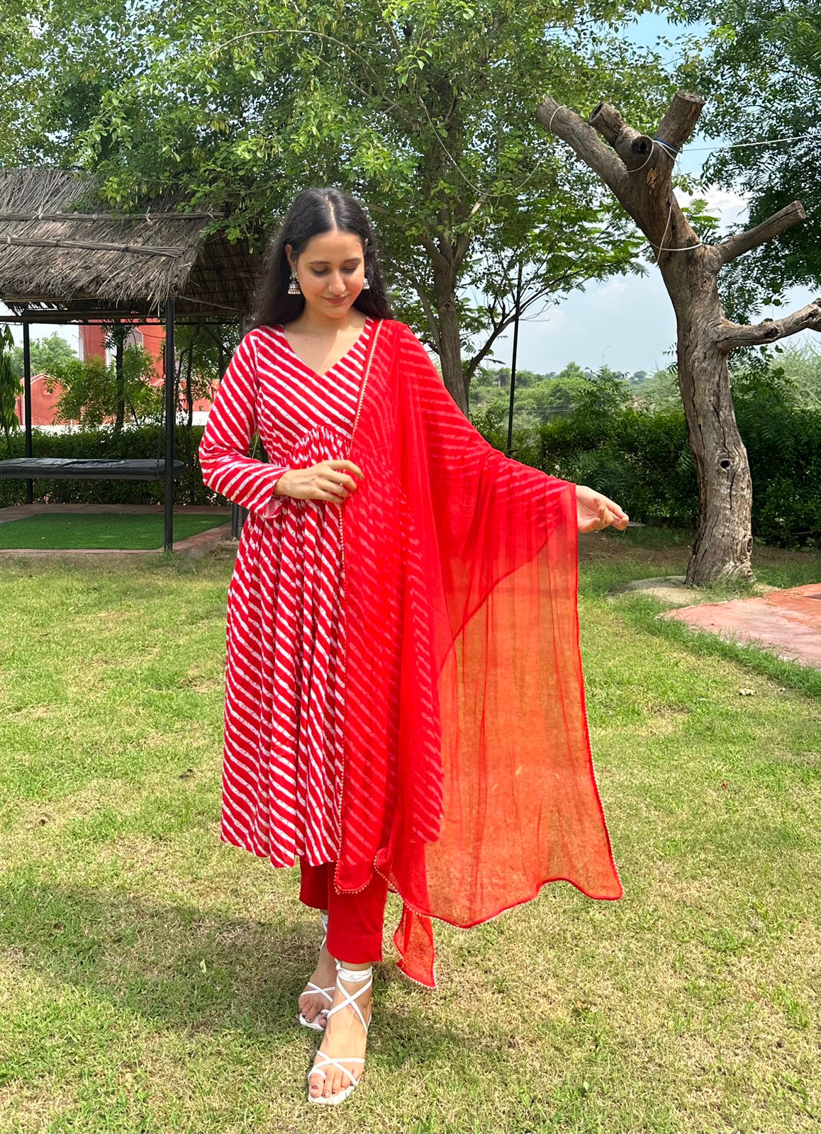Stylish Cotton Leheriya Suit Set With Dupatta