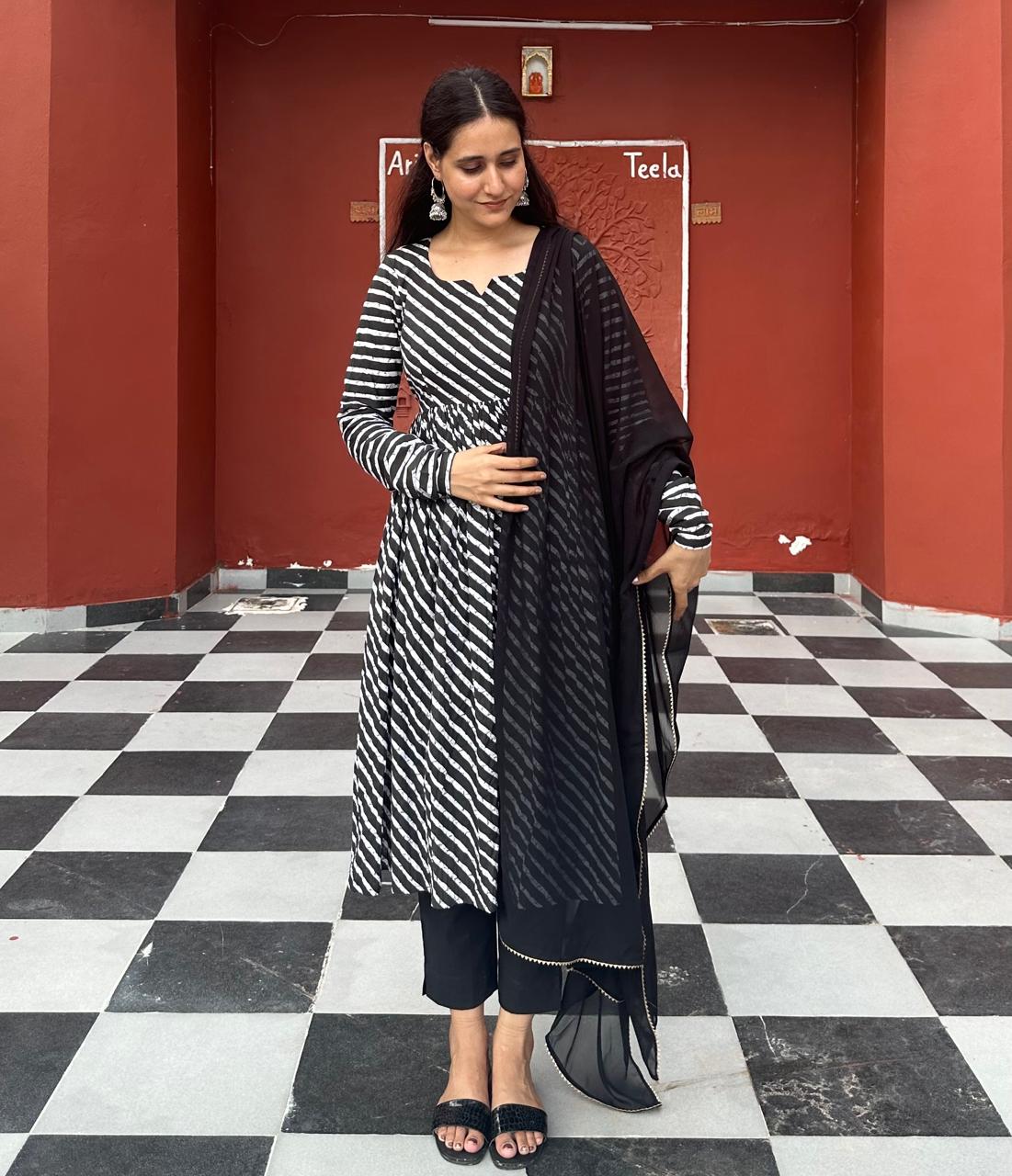 Stylish Cotton Black Leheriya Suit Set