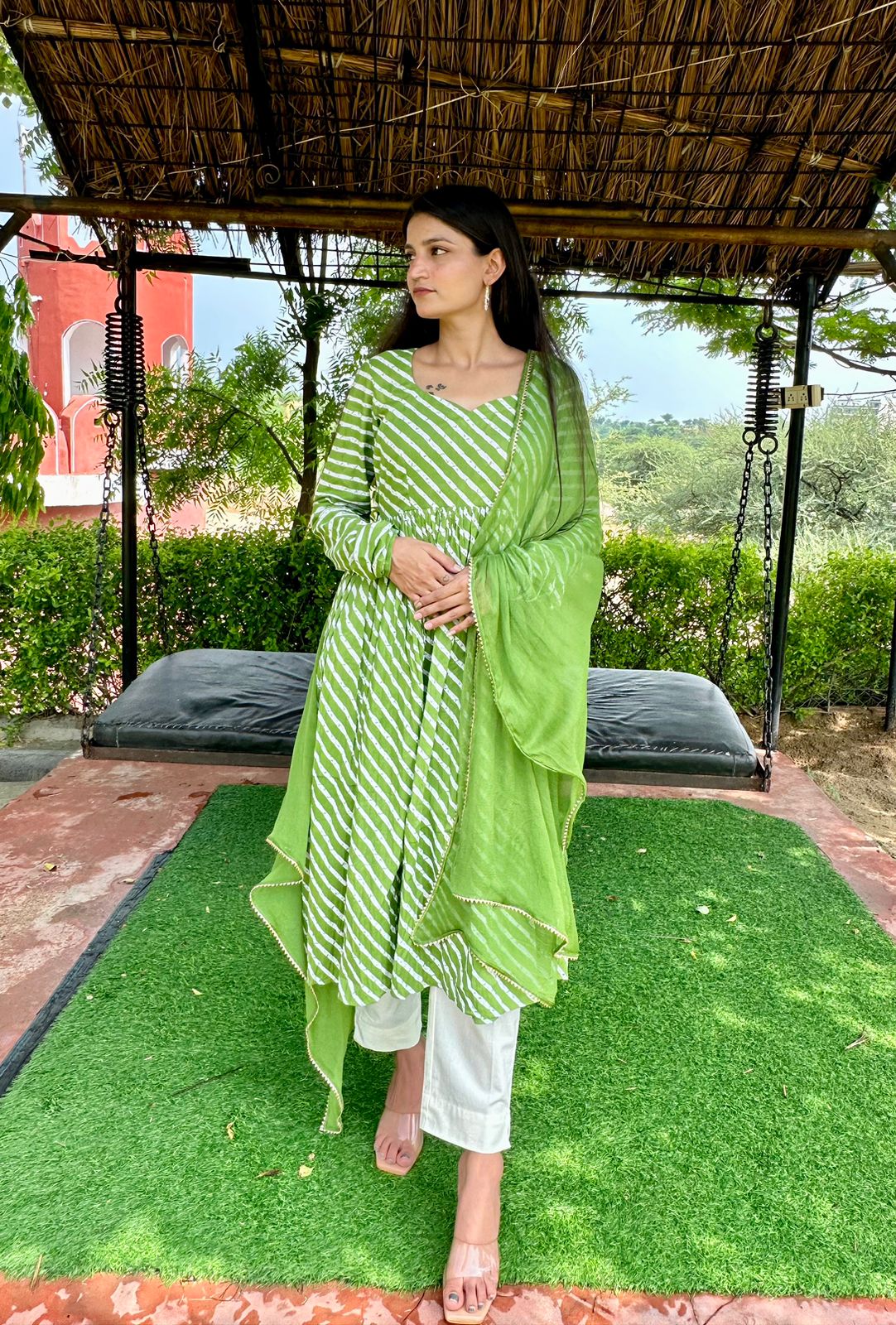 Stylish Cotton Green Leheriya Suit Set
