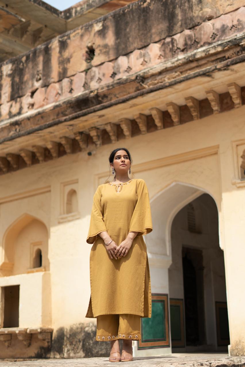 Mustard Embroidered Kurta Pant