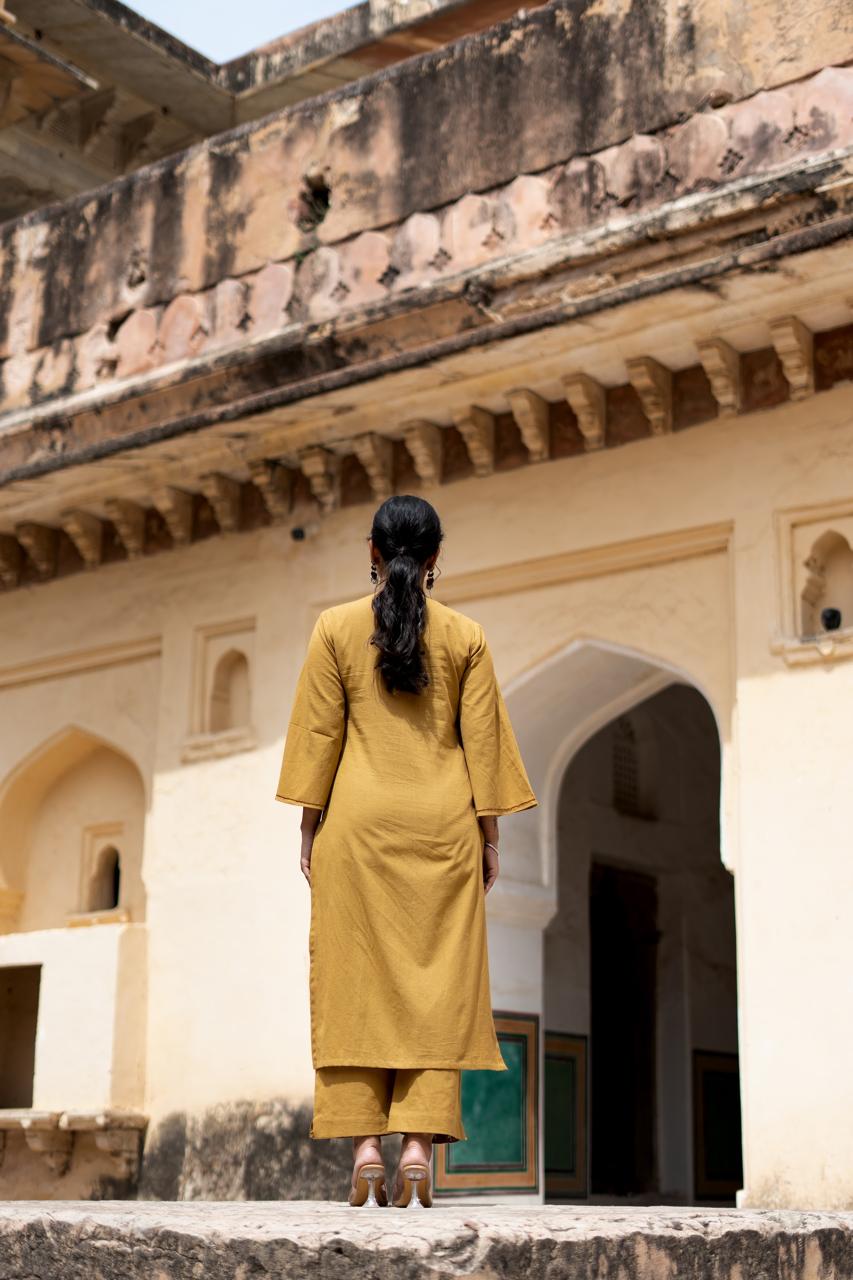 Mustard Embroidered Kurta Pant
