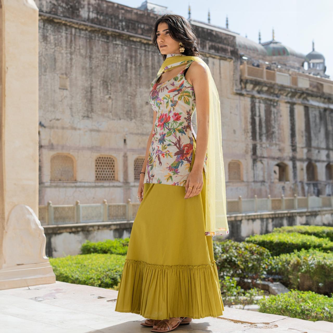 Stylish cotton Kurti with Green Lehenga