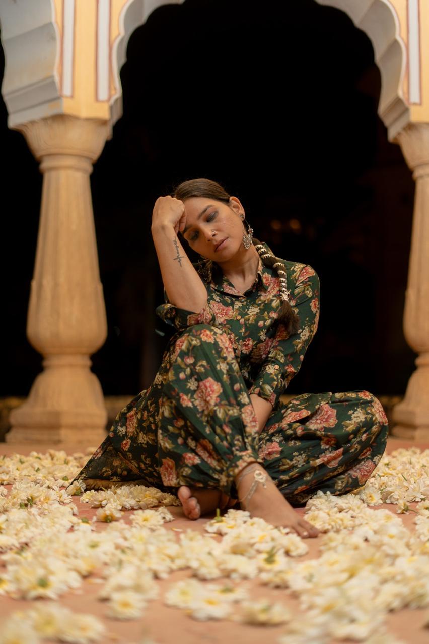 Cotton Green Floral Patiyala Kurta Pajama