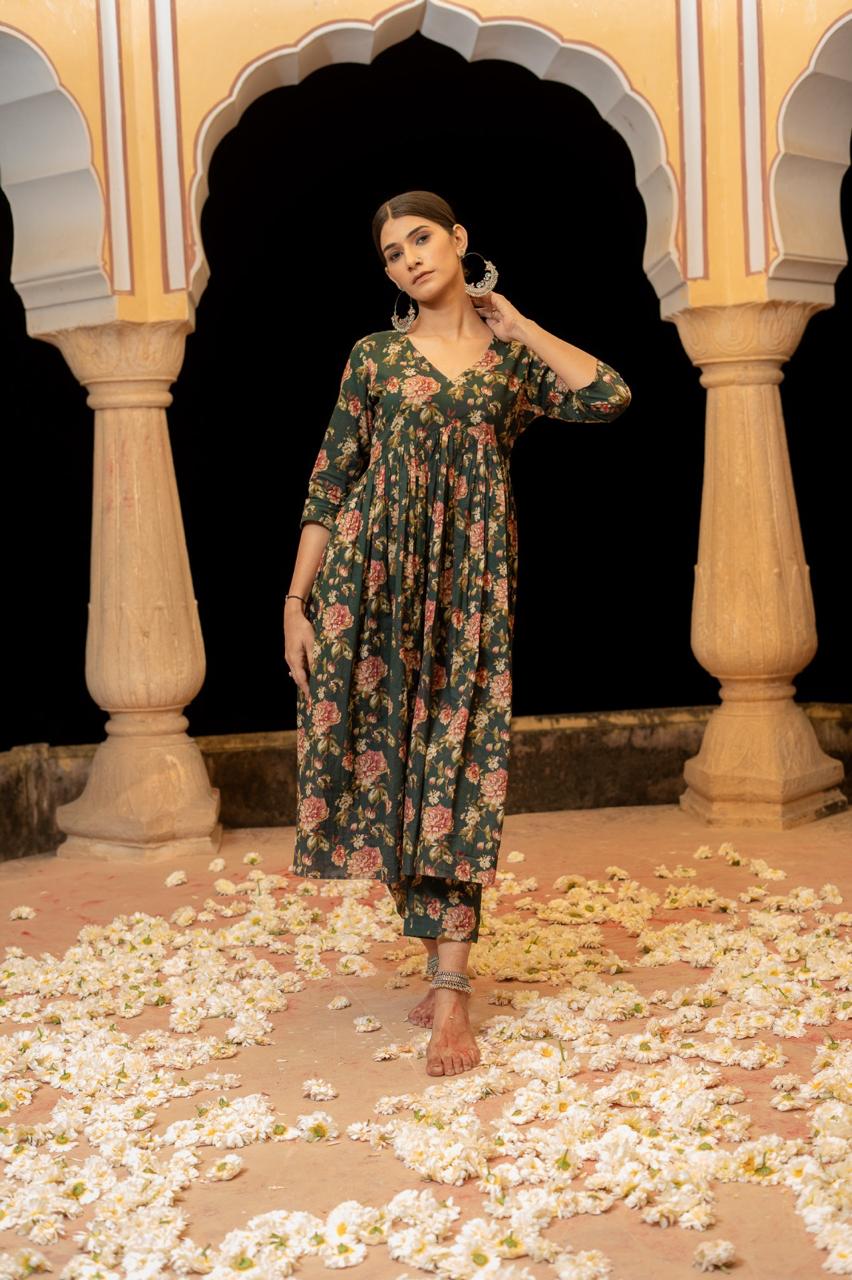 Cotton Green Floral Patiyala Kurta Pajama